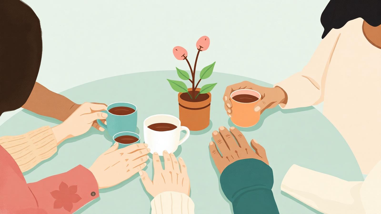 Several diverse hands meeting around a table with mugs and a small plant.
