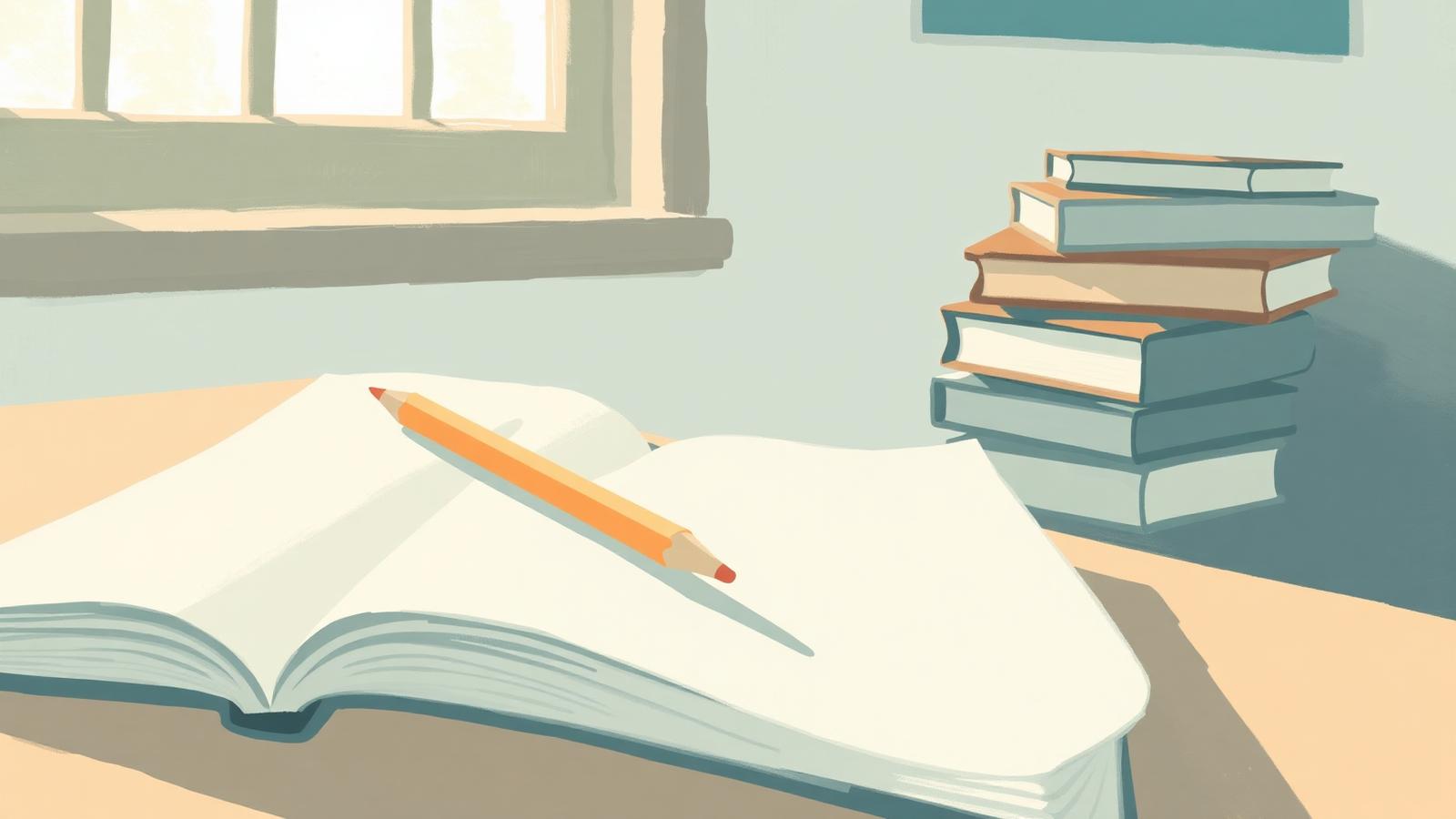 An open notebook and pencil on a sunlit desk with a stack of books.